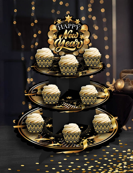Mise en situation avec cupcakes du présentoir à gâteaux à étages Happy New Year