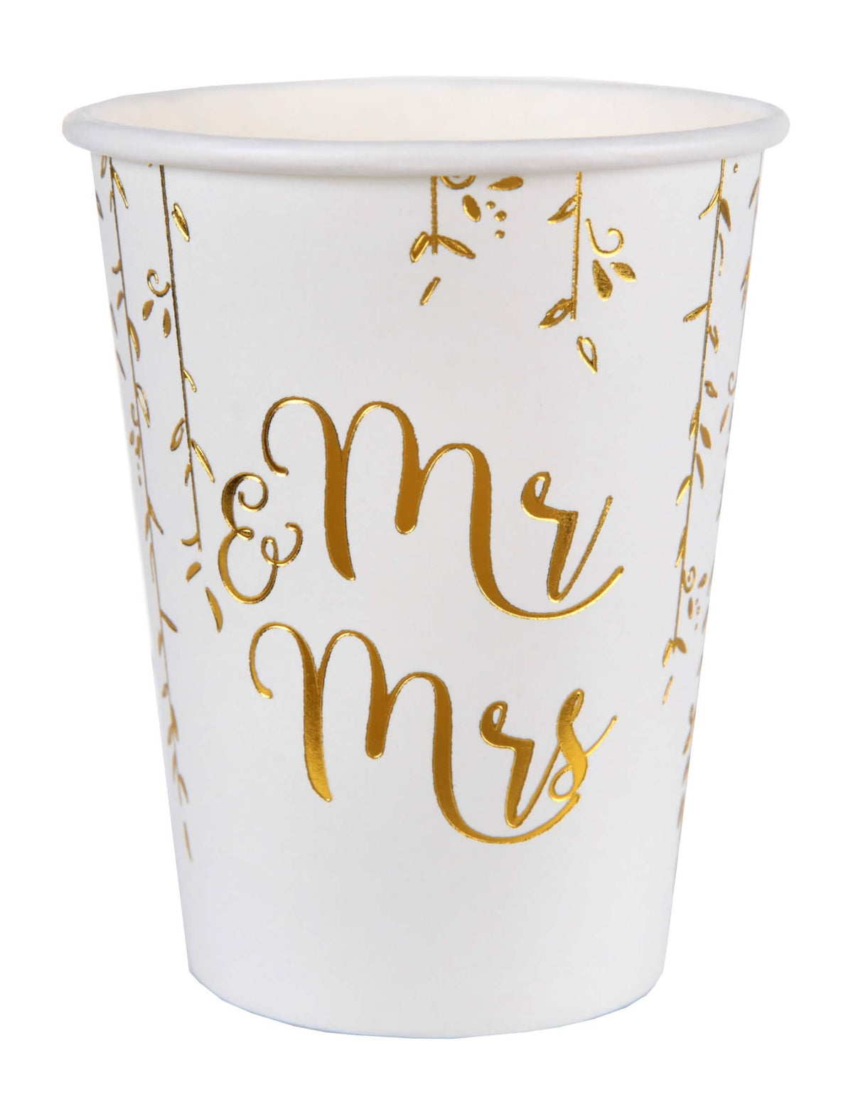 Aranjare pe o masă cu pahare din carton Just Married pentru nuntă