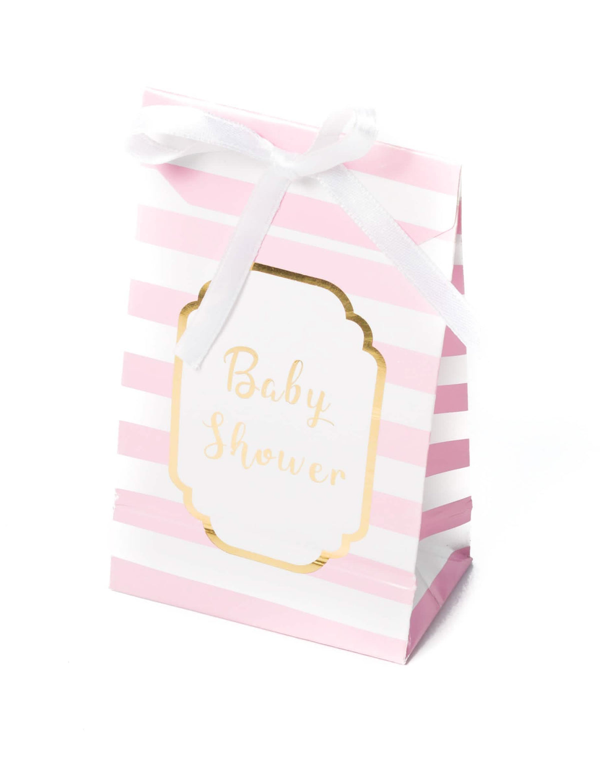 Săculeți cadou baby shower roz și auriu cu dungi și panglică albă