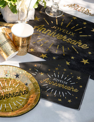 10 șervețele de hârtie negre și aurii cu mesajul „La mulți ani”, 33 x 33 cm cu stele