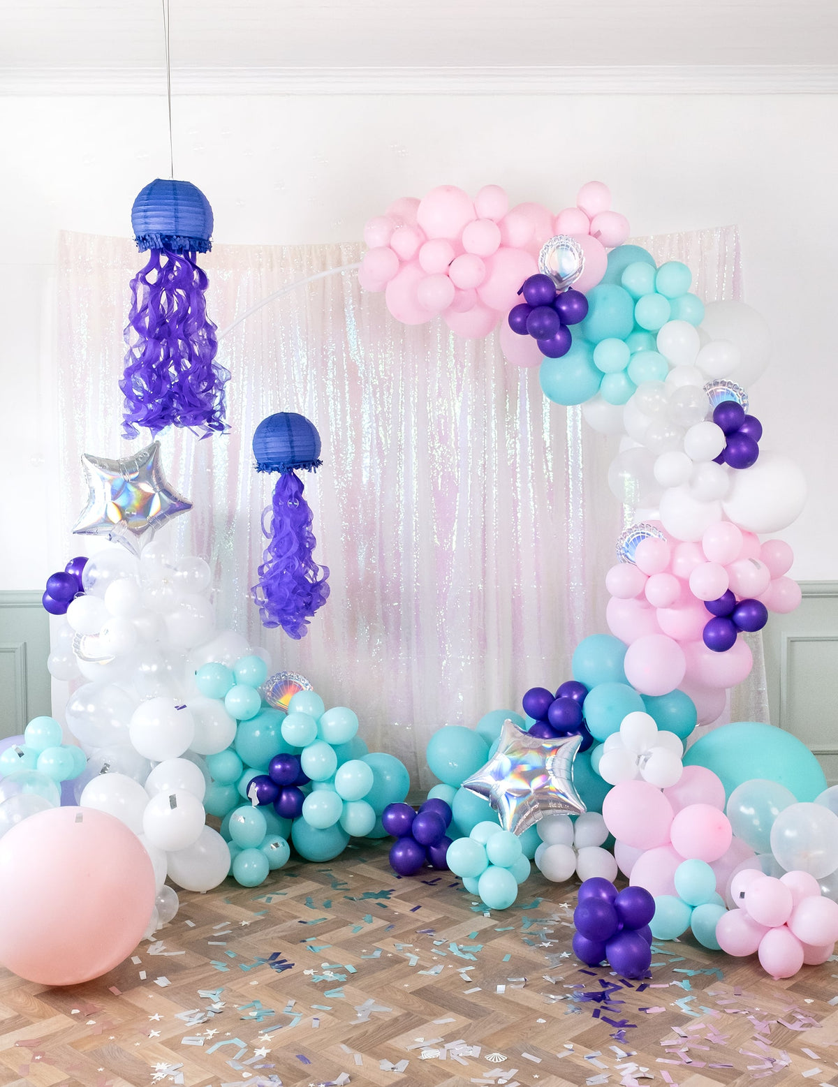Arc de baloane cu decorațiuni marine din baloane din latex pastel pentru decorațiune roz