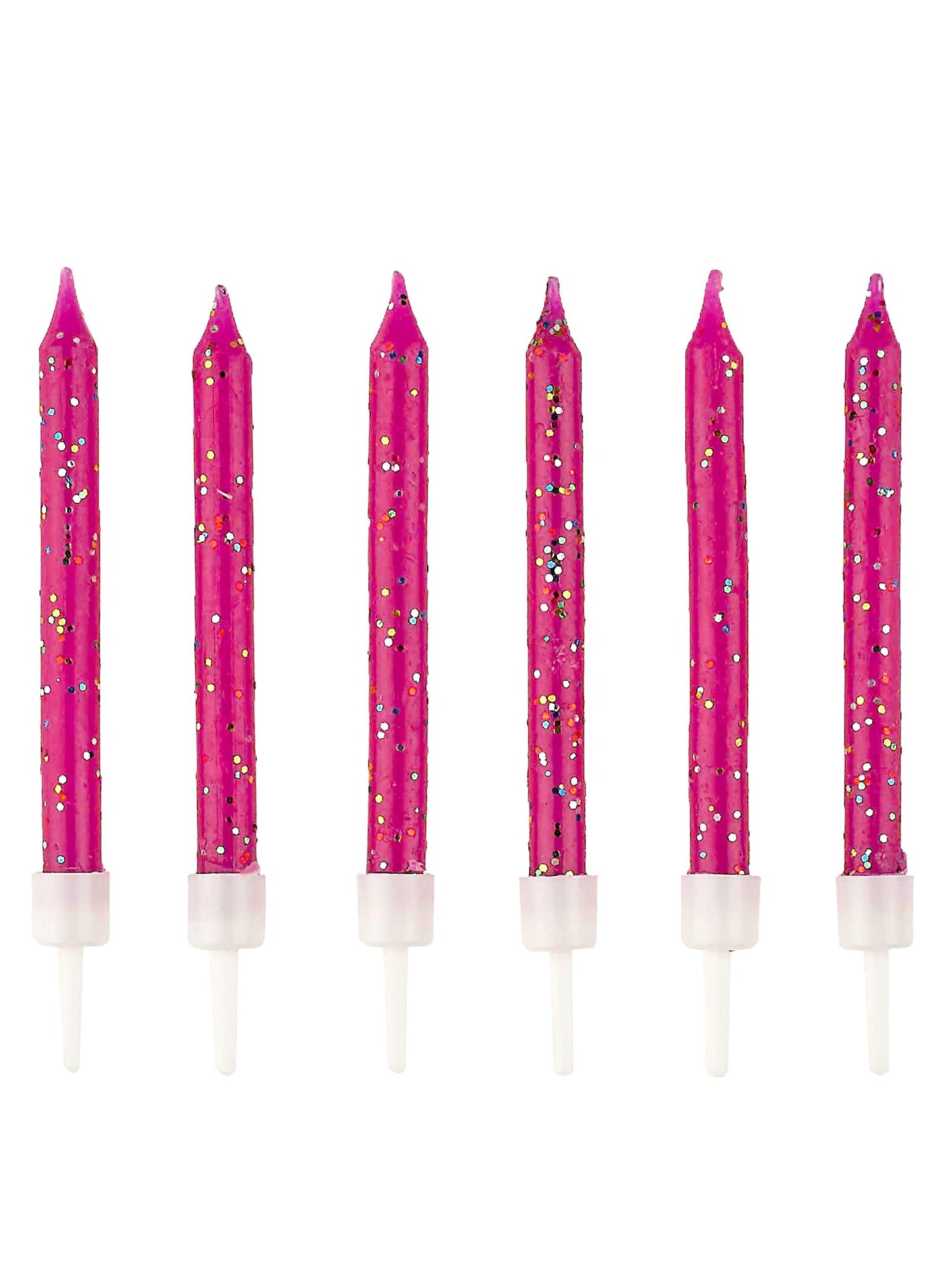 12 lumânări de aniversare roz fucsia cu sclipici 6 cm cu suporturi