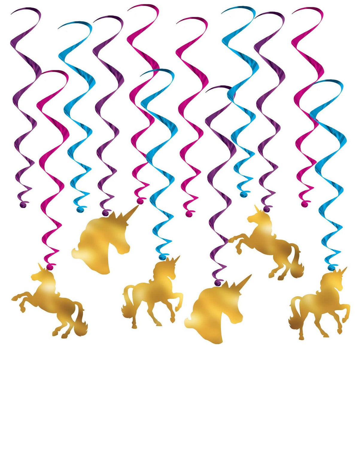 Decorațiuni de agățat cu unicorni, cu spirale multicolore și siluete aurii