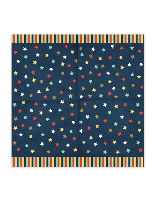 Vue dépliée des serviettes en papier étoiles colorées pour fête bleu marine