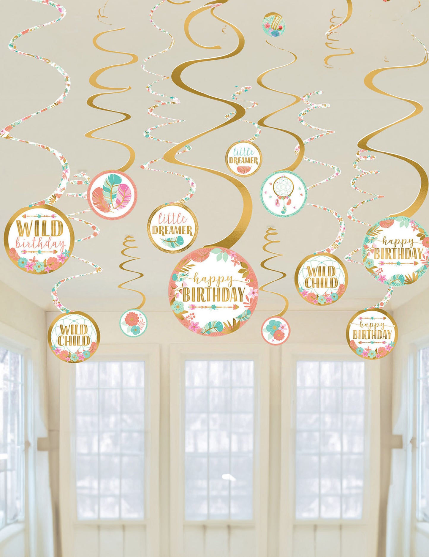 12 decorațiuni suspendate în spirală, în stil boho, aurii și albe, pentru ziua de naștere