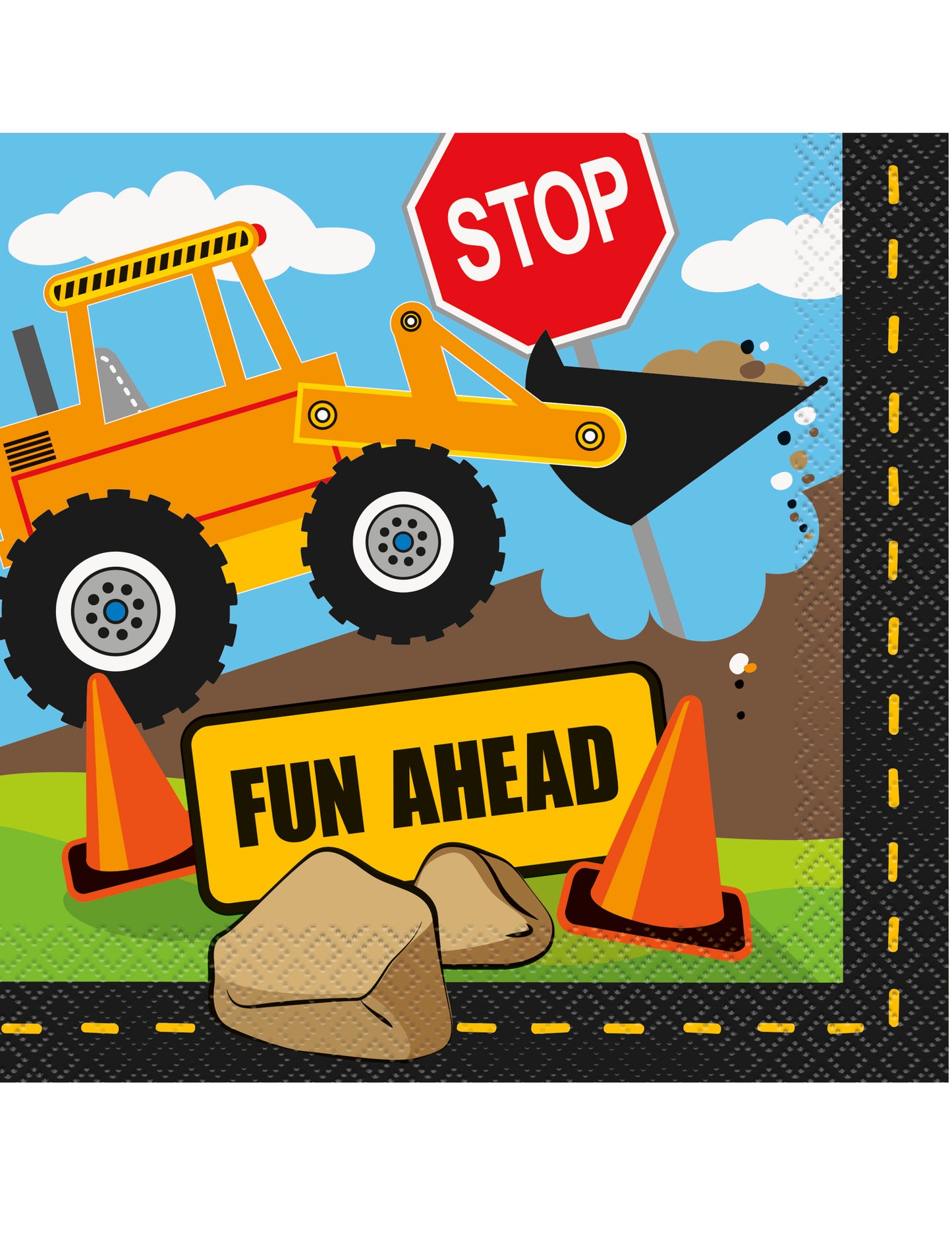 16 serviettes en papier chantier multicolore avec pelleteuse et panneaux de signalisation