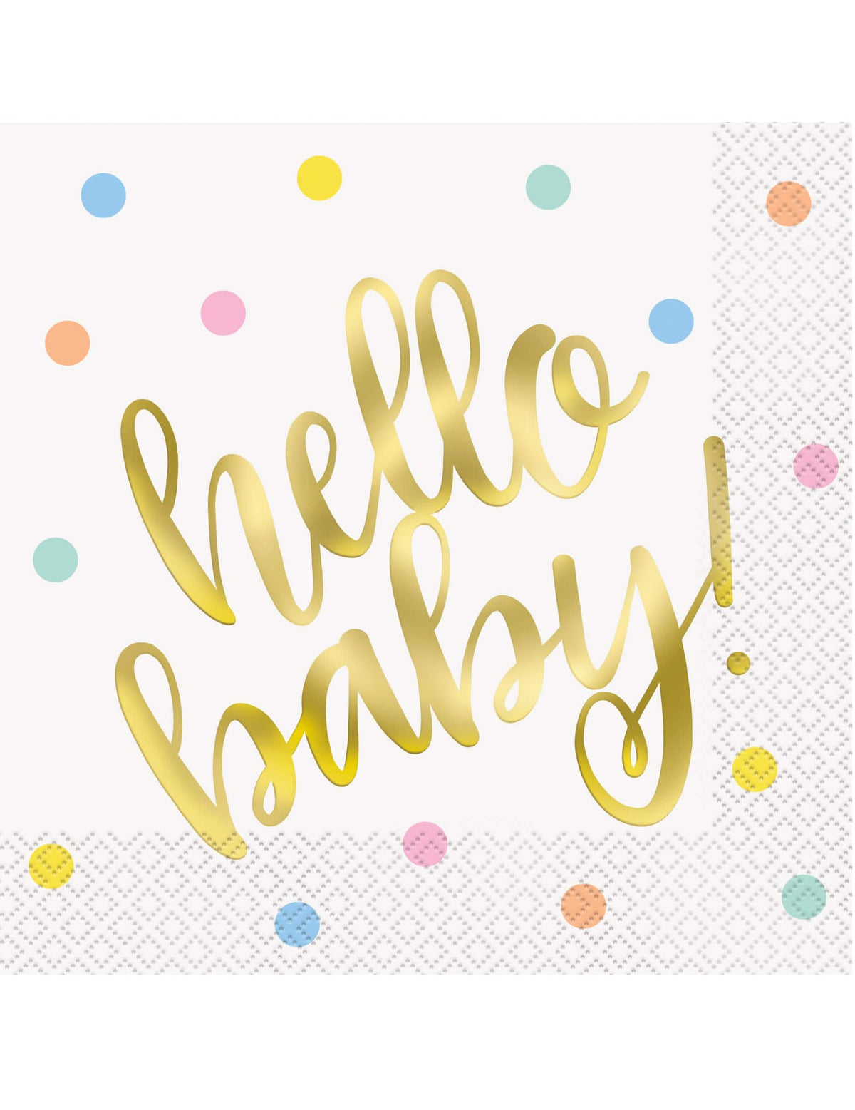 Serviettes en papier hello baby pour baby shower blanches et or avec pois multicolores