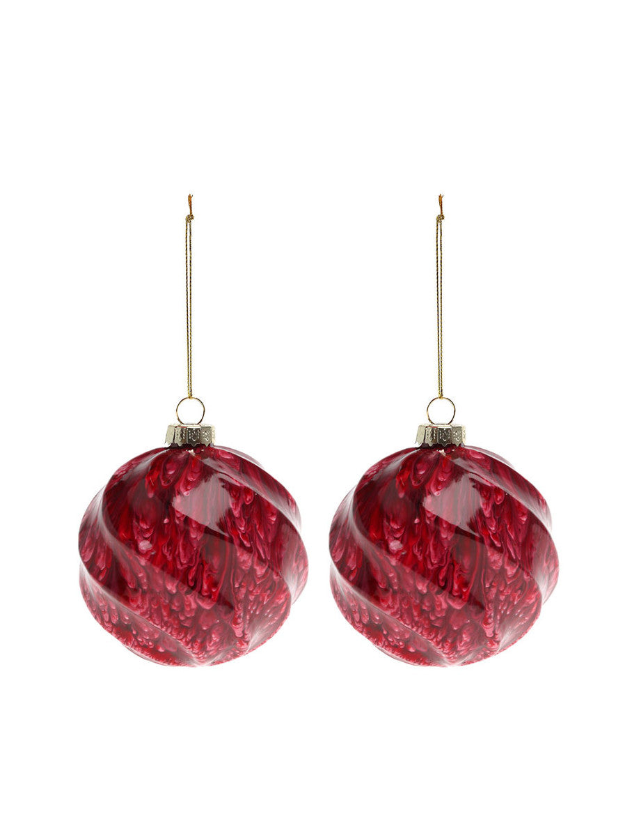 Boules en verre marbrées pour sapin de Noël rouge