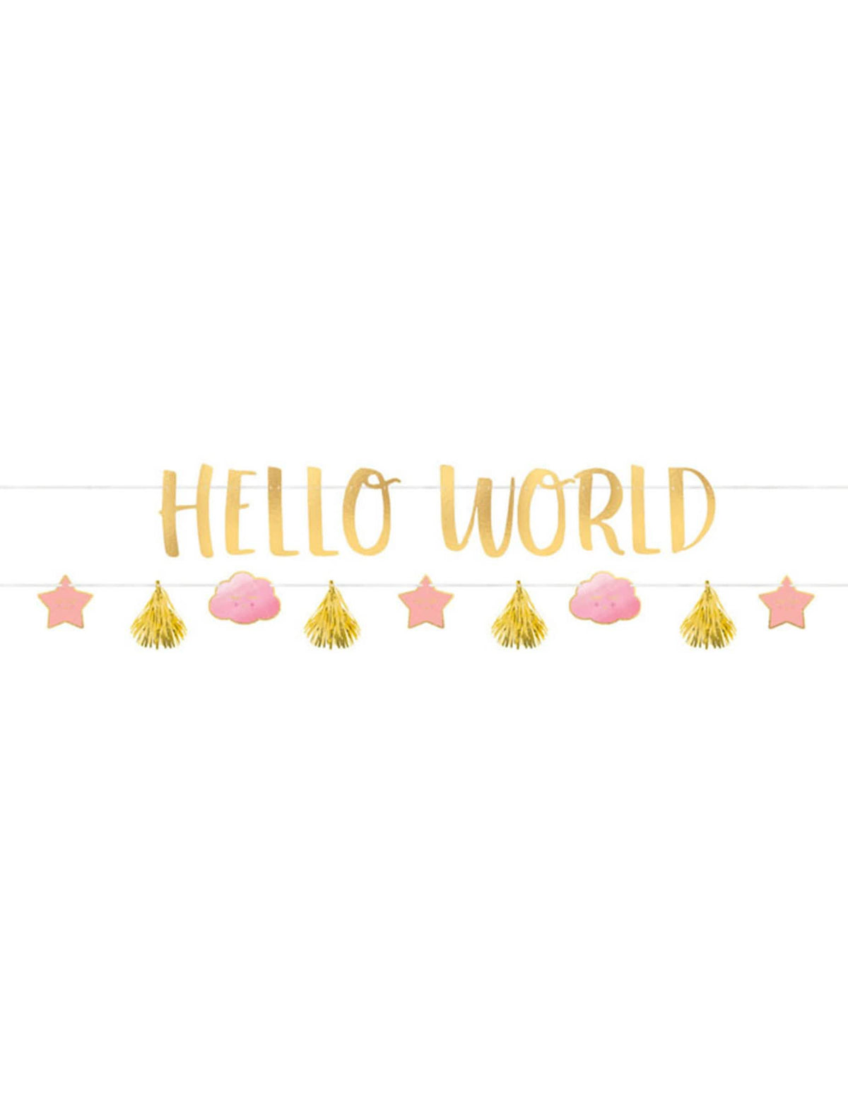 Girlande din carton Hello World pentru baby shower roz și auriu