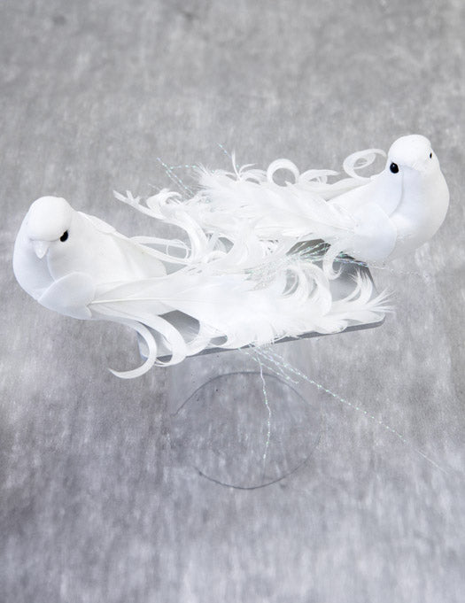 2 păsărele albe decorative de 13 cm cu pene