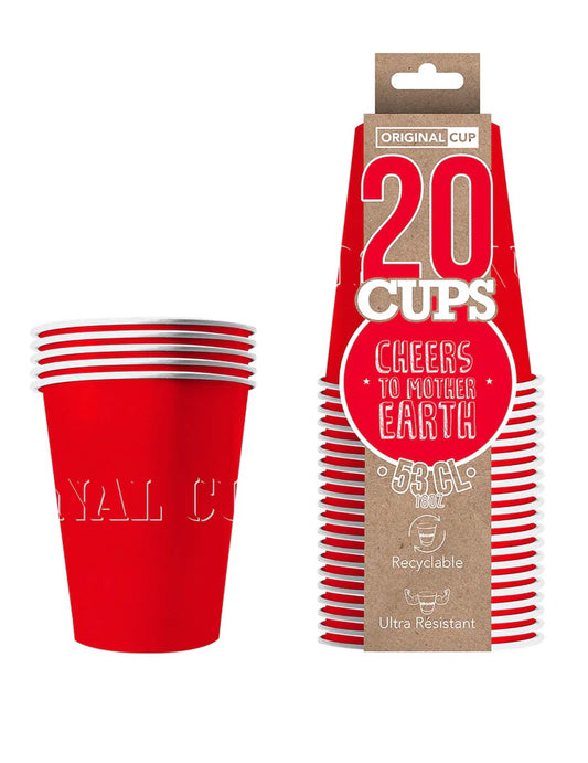Vue du packaging et du lot de gobelets américains en carton recyclable pour fête