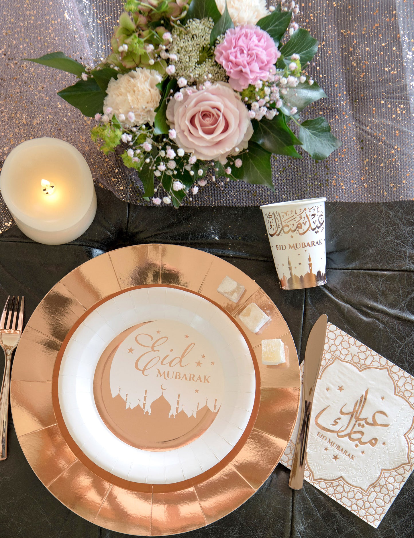 20 șervețele de hârtie Eid Mubarak aurii roz, 16,5 x 16,5 cm cm pentru Eid