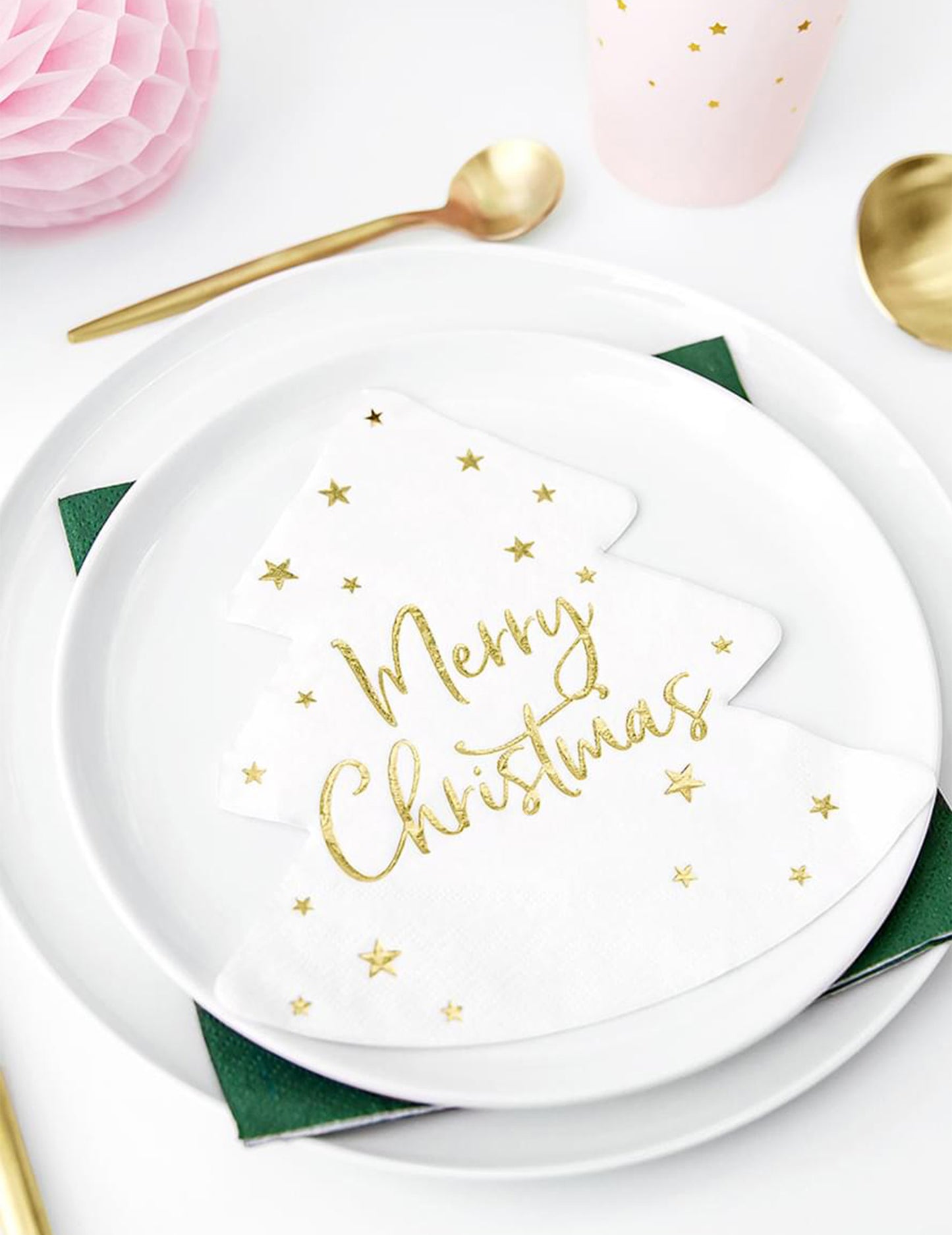 20 șervețele de hârtie cu un model de brad de Crăciun vesel, alb și auriu, 16,5 cm decorativ