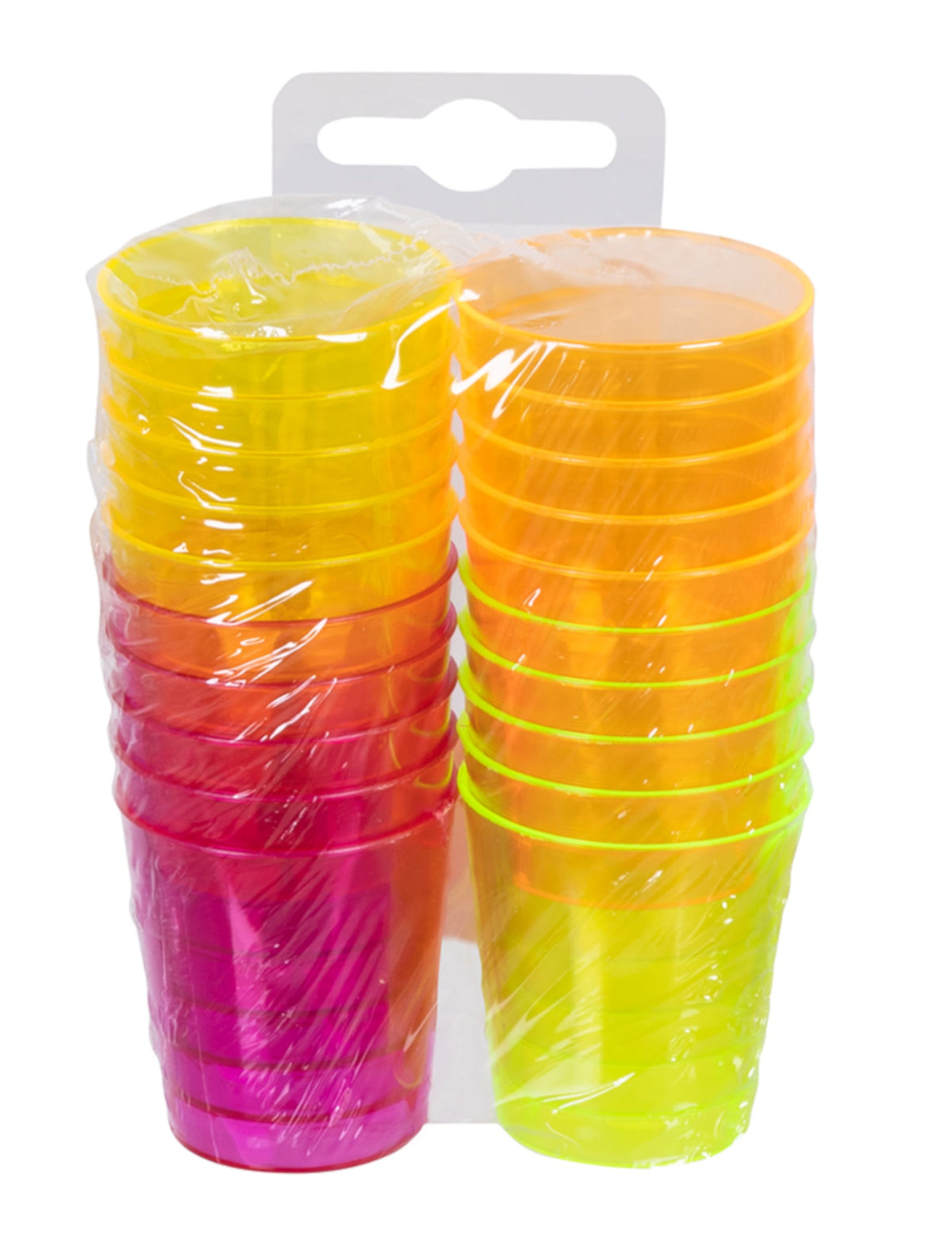 Vue du packaging des 20 verres shots en plastique multicolores pour fête