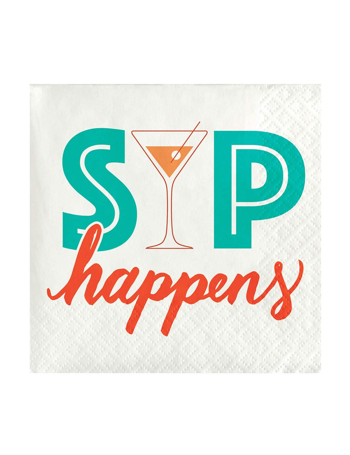 șervețele de hârtie Sip Happens Cocktail pentru adult albe cu text turcoaz și portocaliu