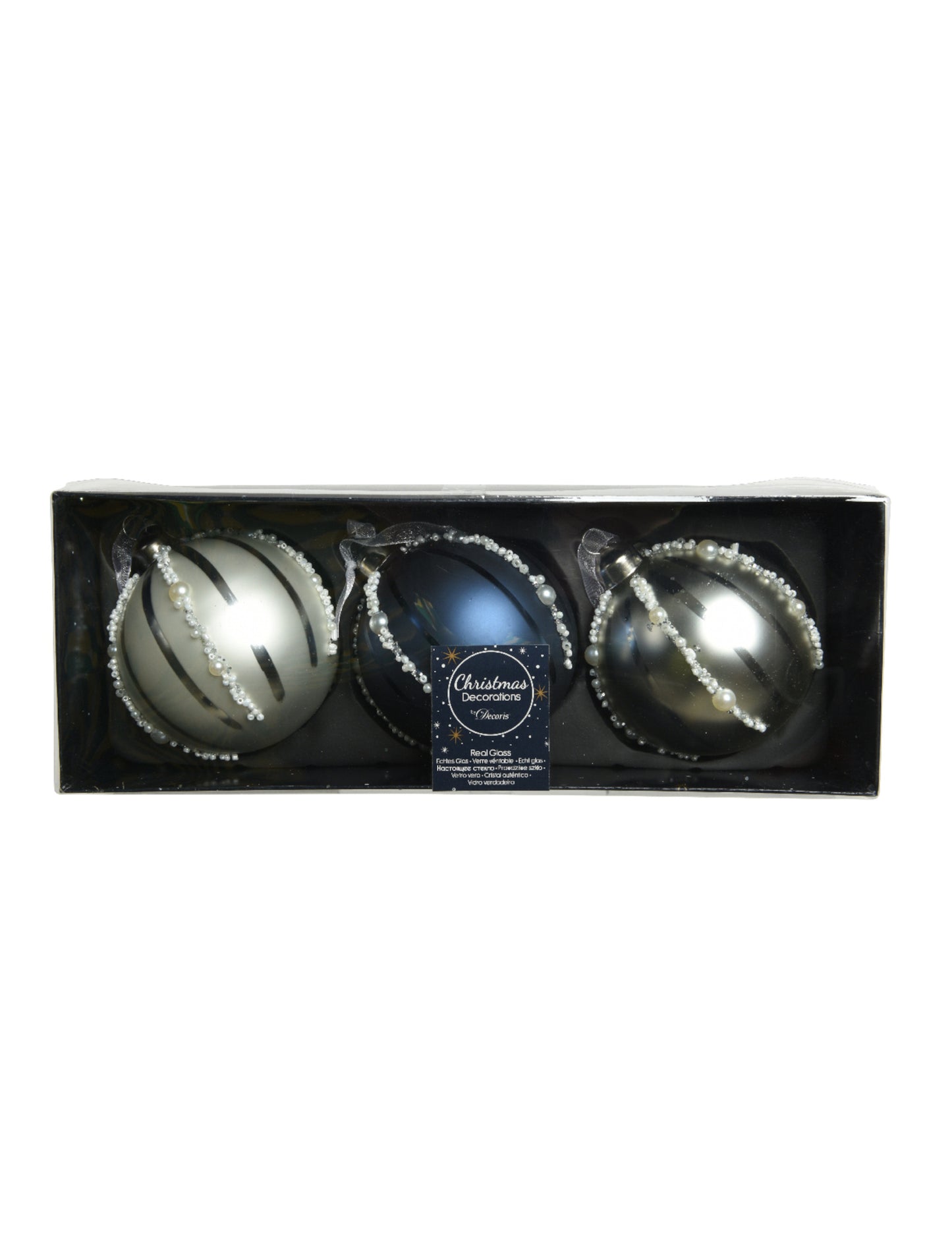 Boîte de présentation des boules de Noël en verre avec perles bleu marine et argent effet nacré