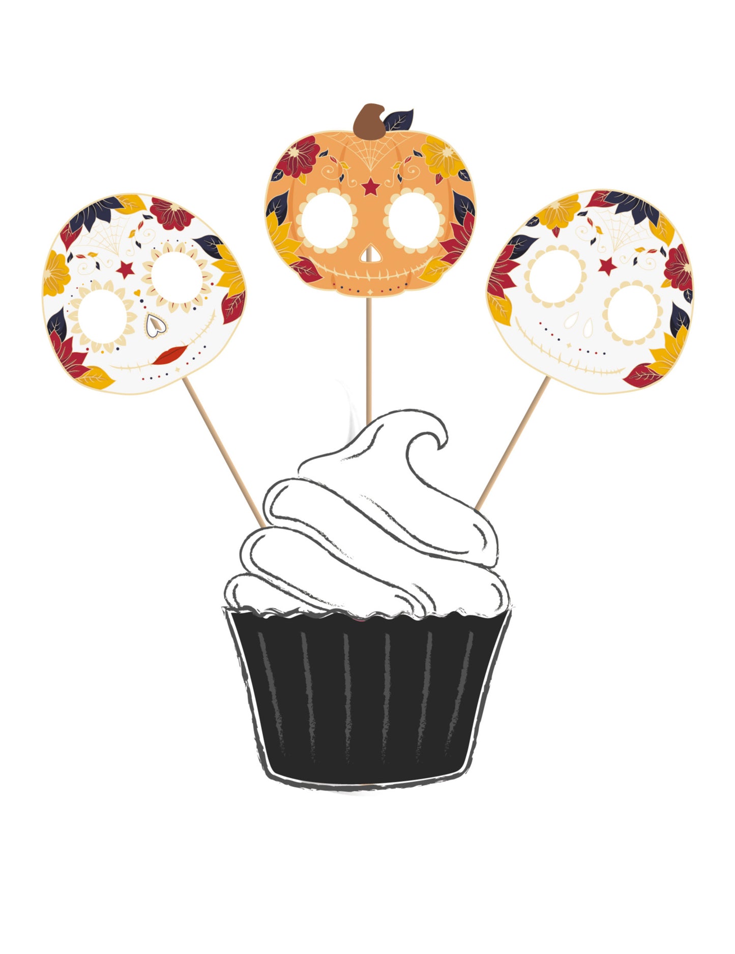 3 toppers din lemn pentru tort Dia de los Muertos 20 cm calavera și dovleac