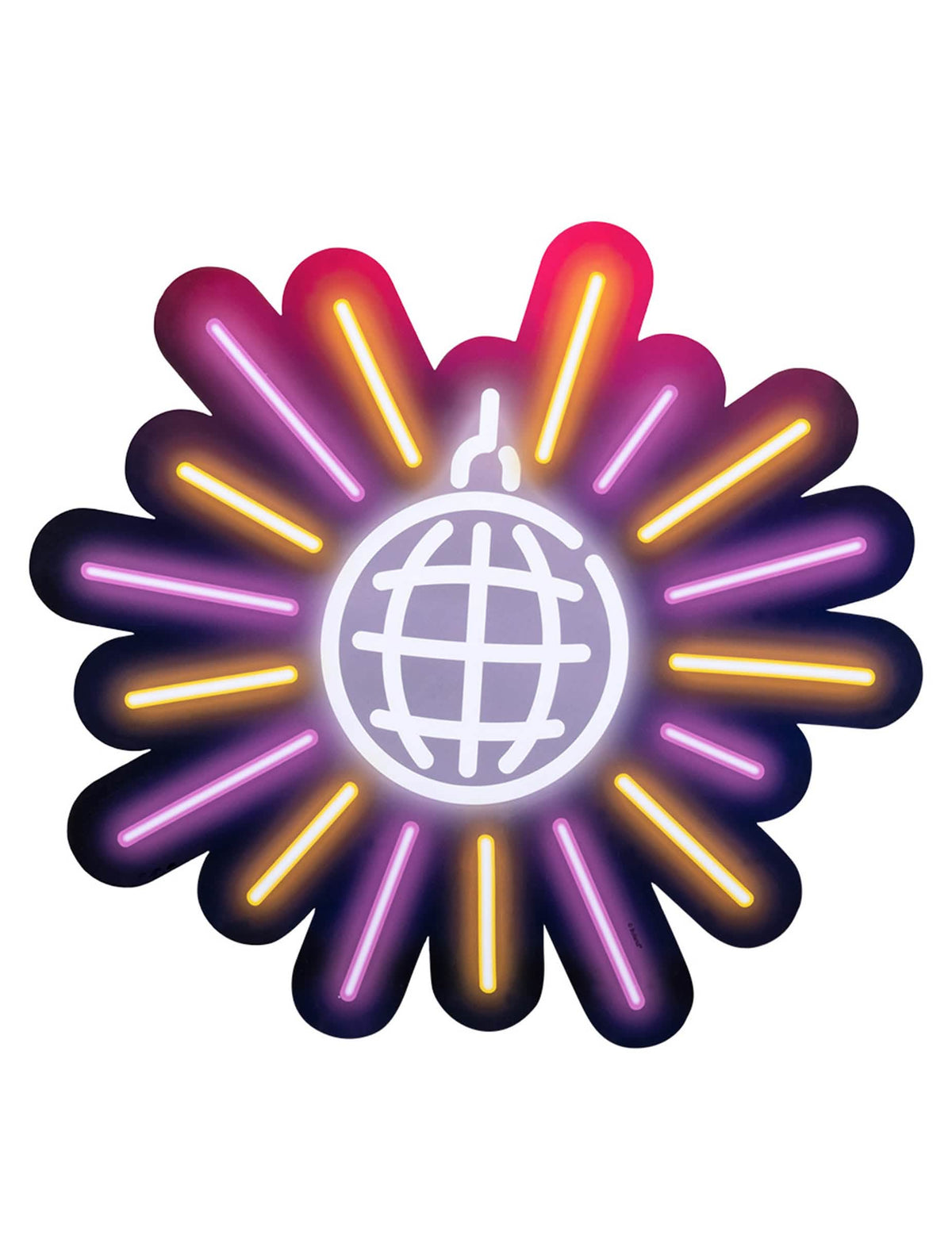 Detaliu al bilei disco cu aspect neon al decorațiunilor din carton disco fever