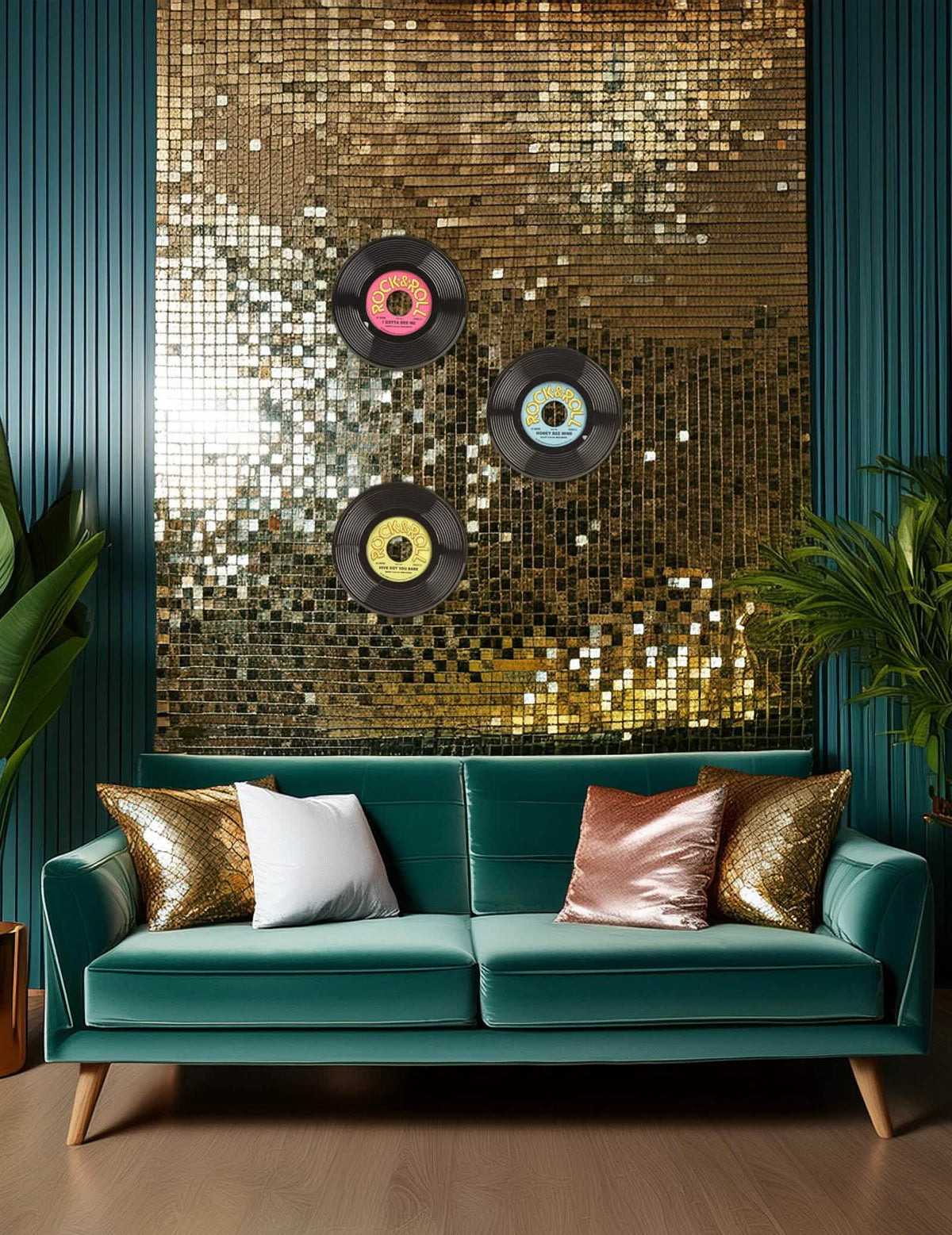 Punere în scenă pe un perete a celor 3 discuri de vinil decorațiune rock & roll