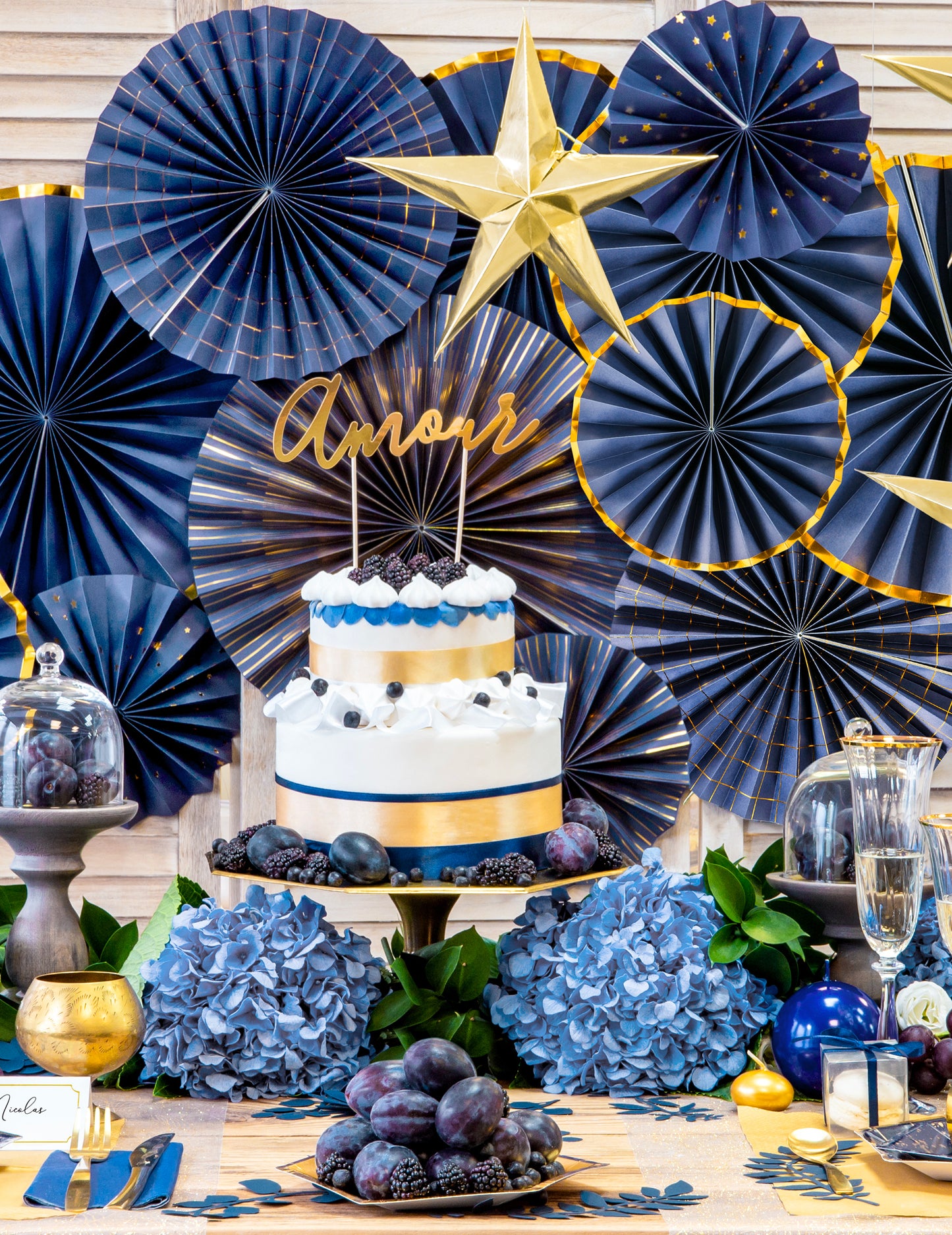 3 rozete din carton albastru închis și auriu 23, 32 și 40 cm de agățat