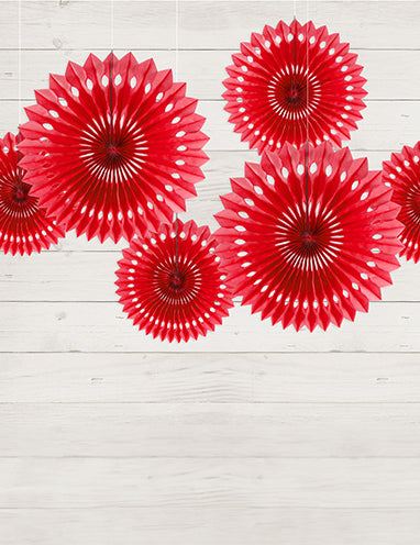 3 rozete în formă de evantai din hârtie roșie, dimensiuni 20, 25 și 30 cm a atârna