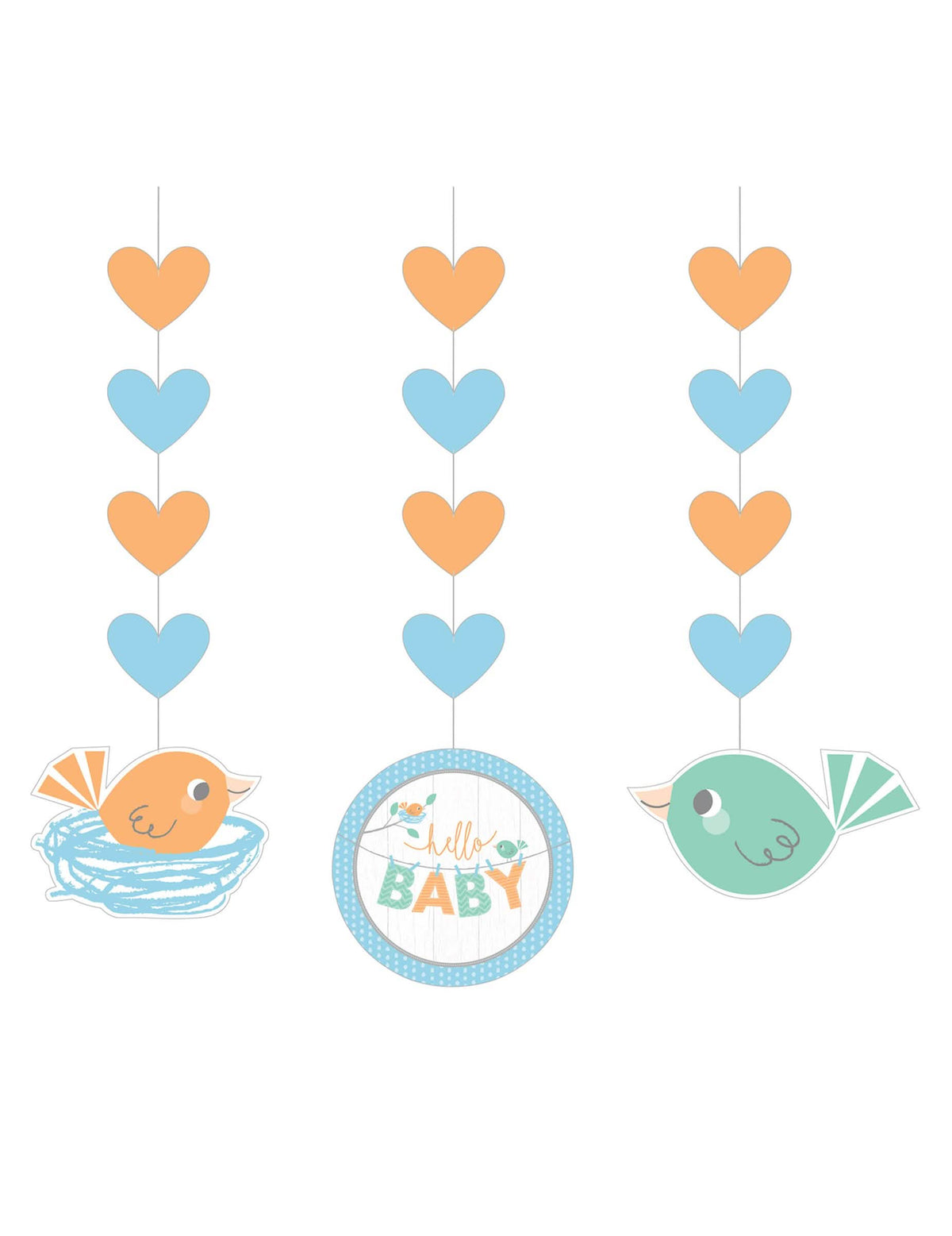 3 suspensii din hârtie Hello Baby pentru baby shower, albastre și portocalii cu păsări și inimi