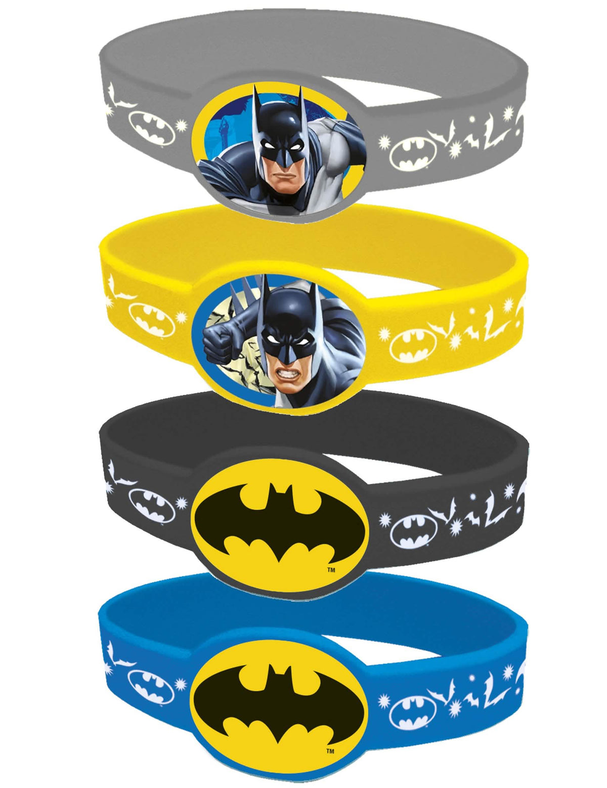 4 brățări elastice Batman pentru copil gri galben negru și albastru cu motive