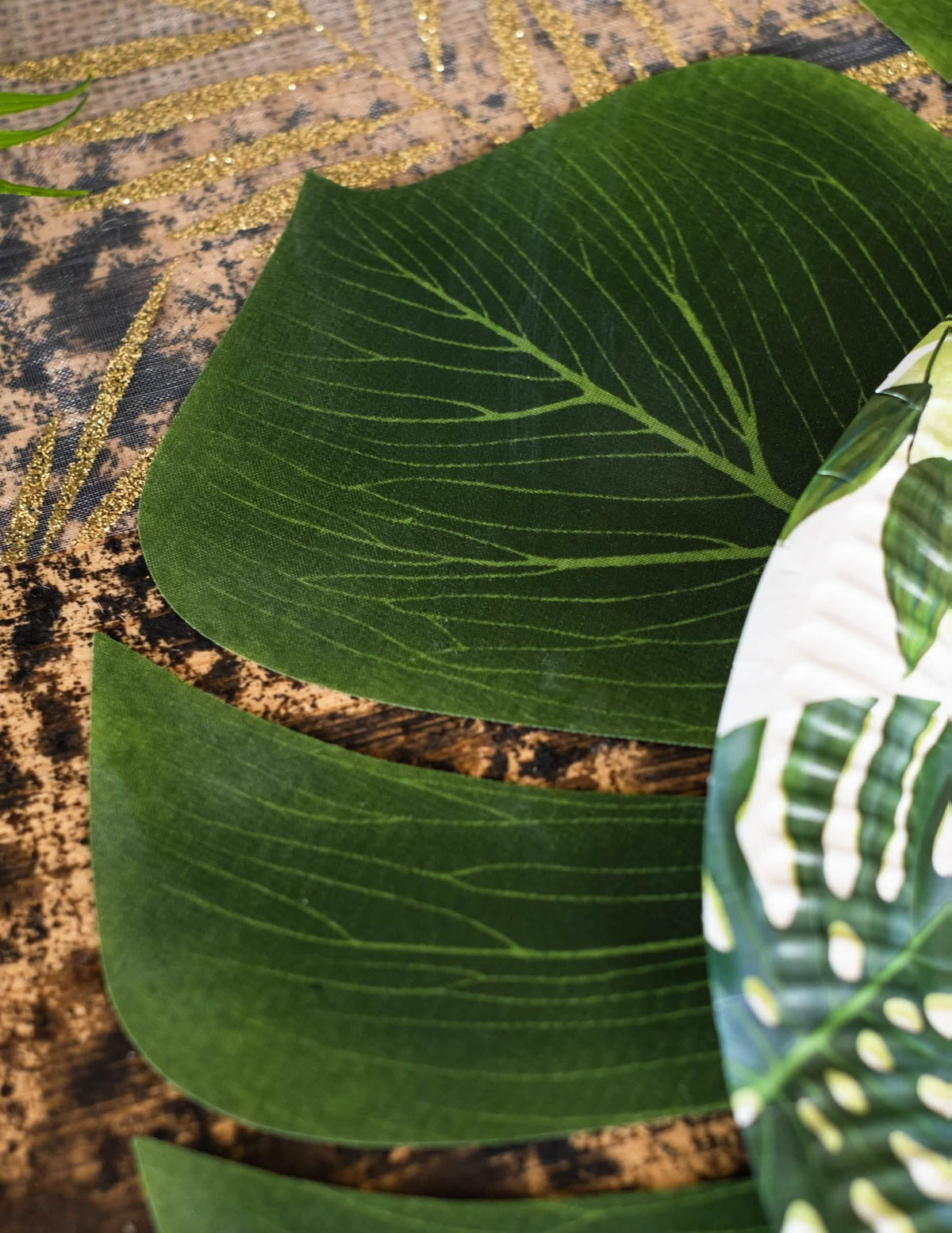 Detaliu al texturii canelate al setului de 4 foi de Monstera pentru decorarea petrecerii