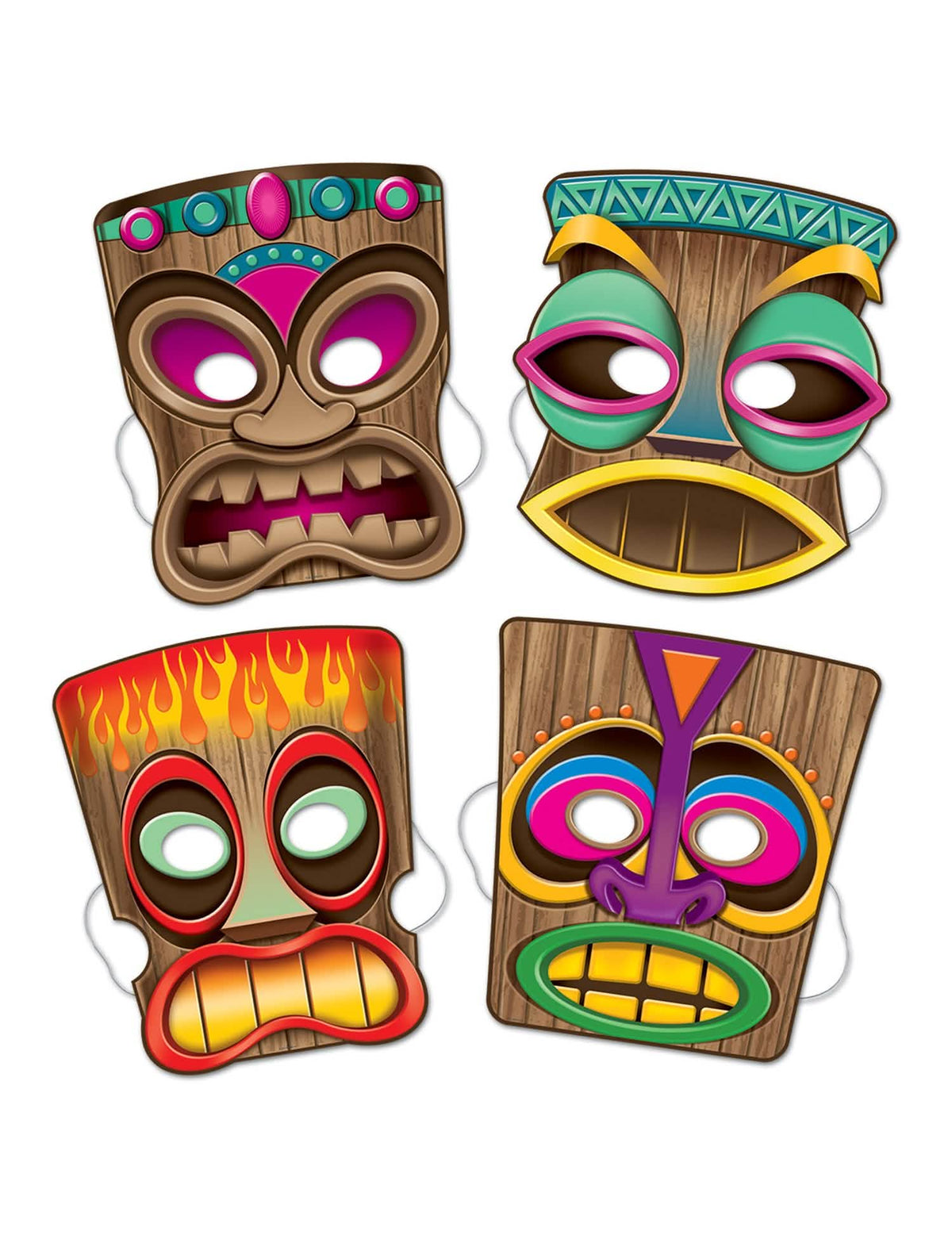 Set de 4 măști Tiki pentru copil și adult multicolore cu efect de lemn