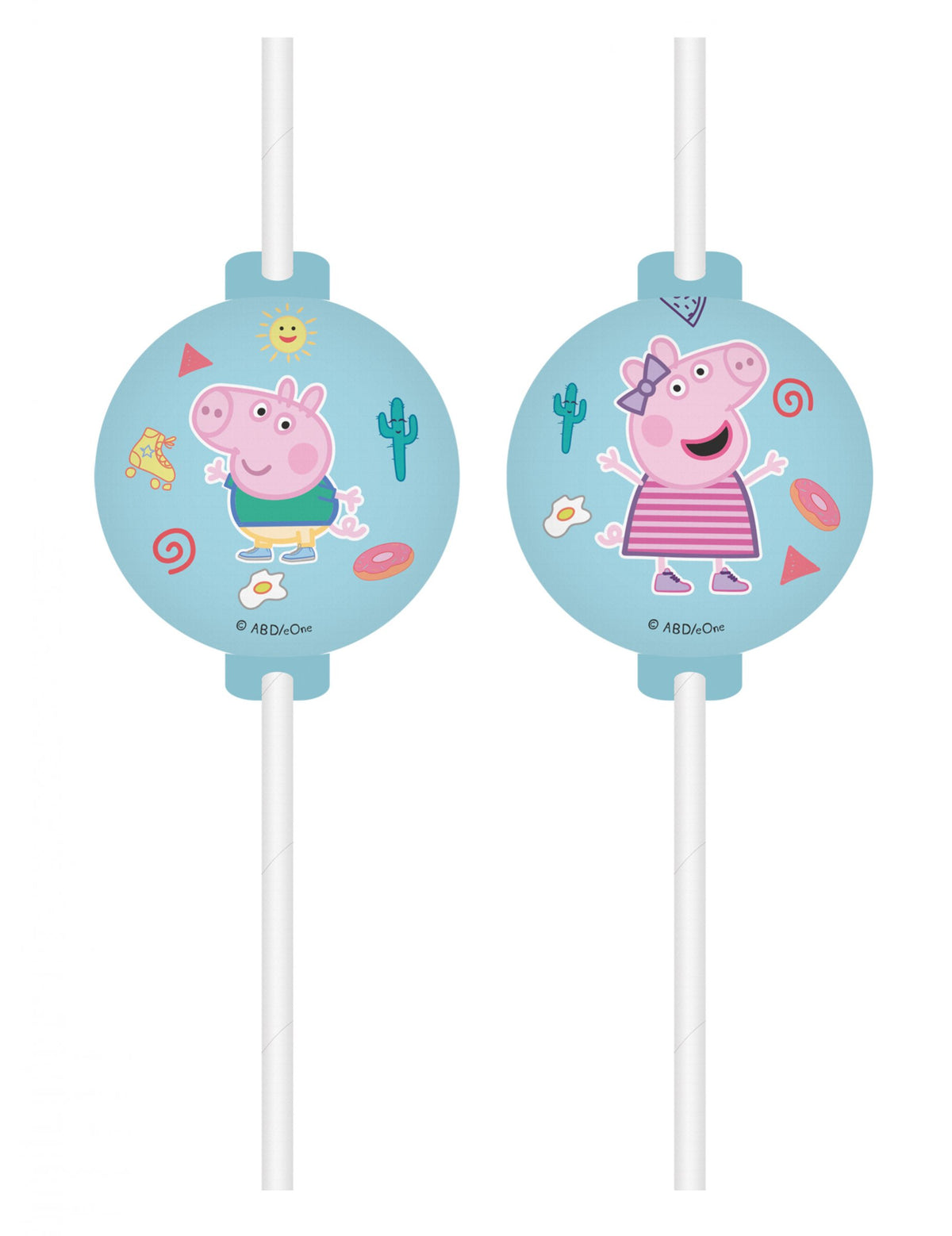 Pailles médaillon Peppa Pig pour enfant bleues avec George et Peppa Pig
