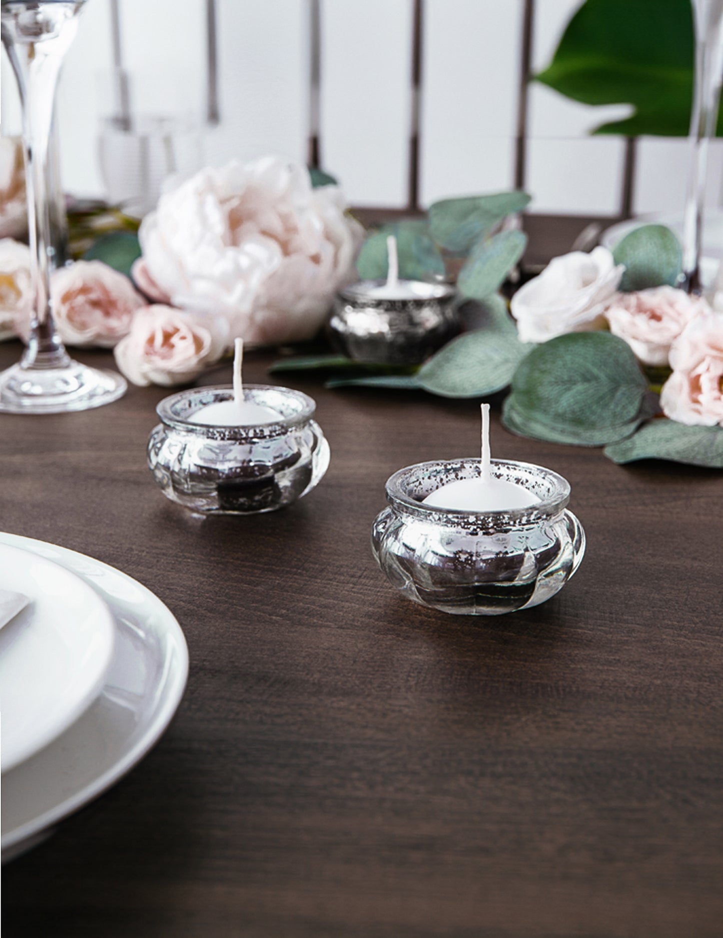 4 suporturi de lumânări din sticlă oglindită argintie, 6 x 3 cm pentru masă