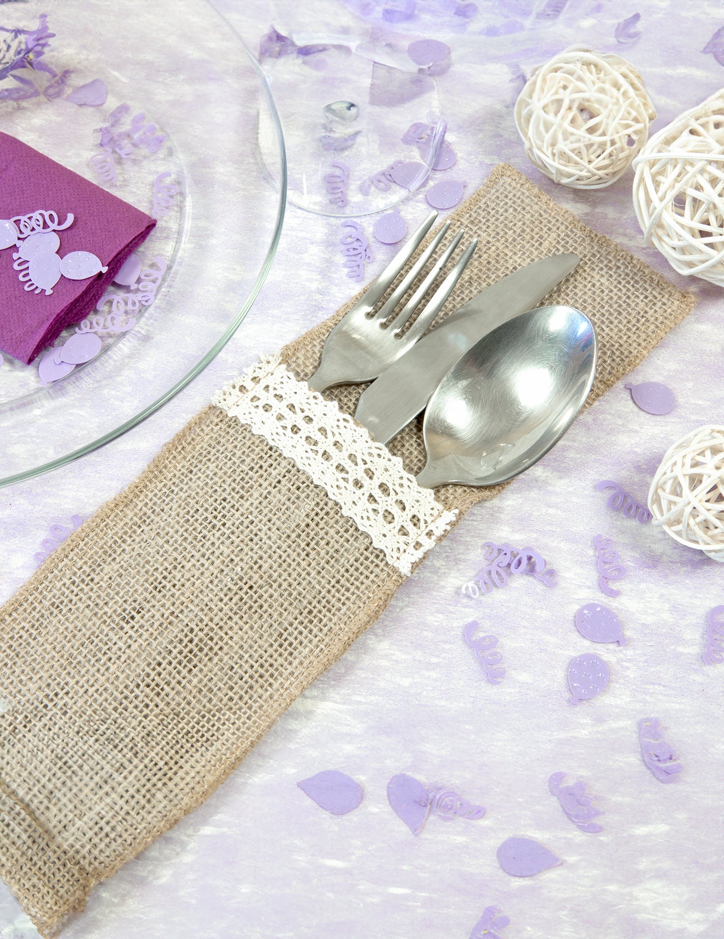 4 suporturi pentru tacâmuri cu efect de iută și dantelă albă, 8,5 x 24,5 cm cm