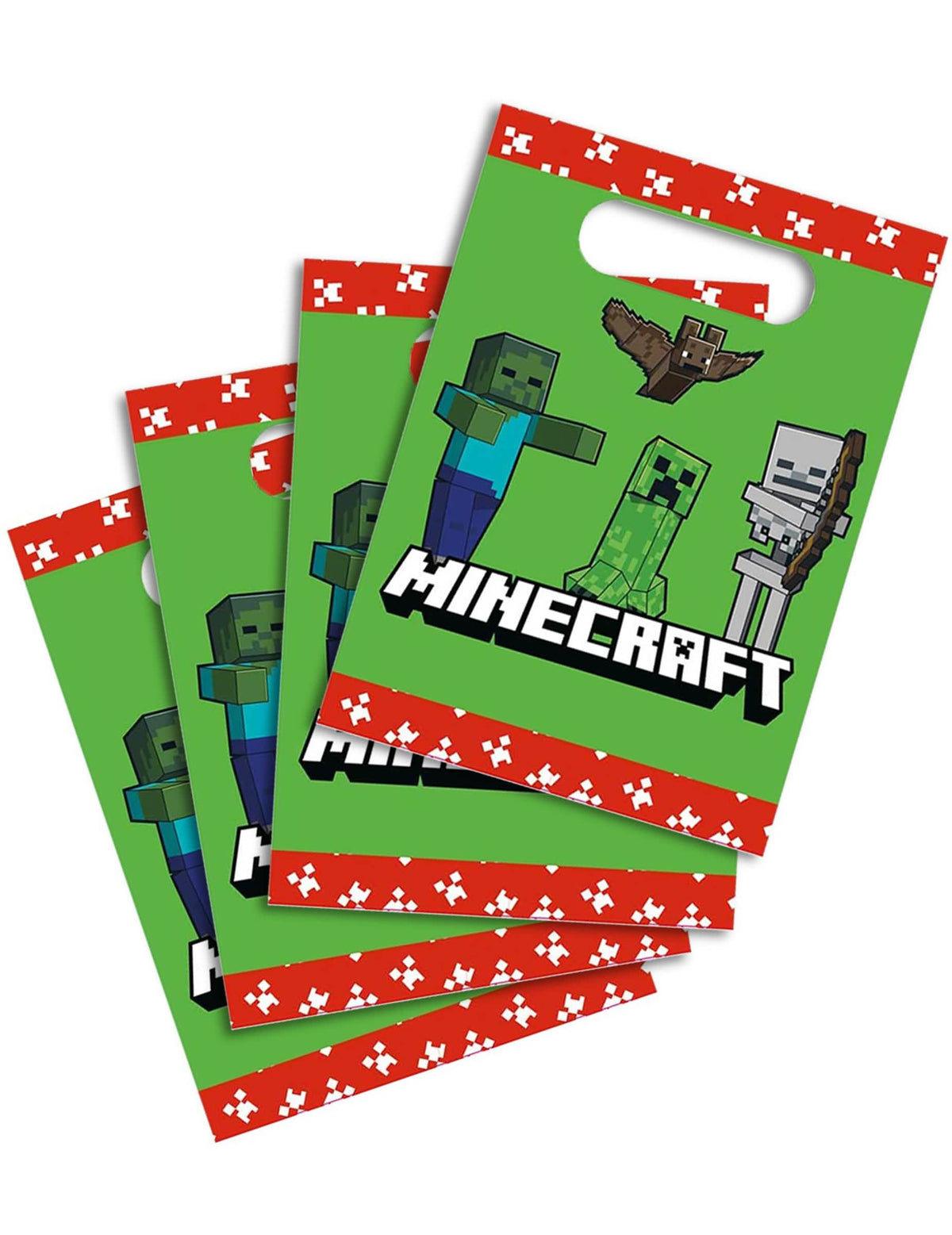 Sacs cadeaux en papier Minecraft pour enfant verts avec personnages et bordures rouges