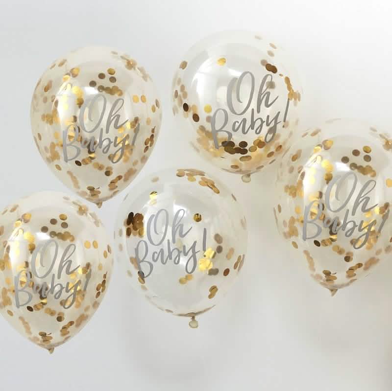 Vedere de ansamblu a setului de 5 baloane Oh Baby din latex transparent cu confetti aurii metalizate