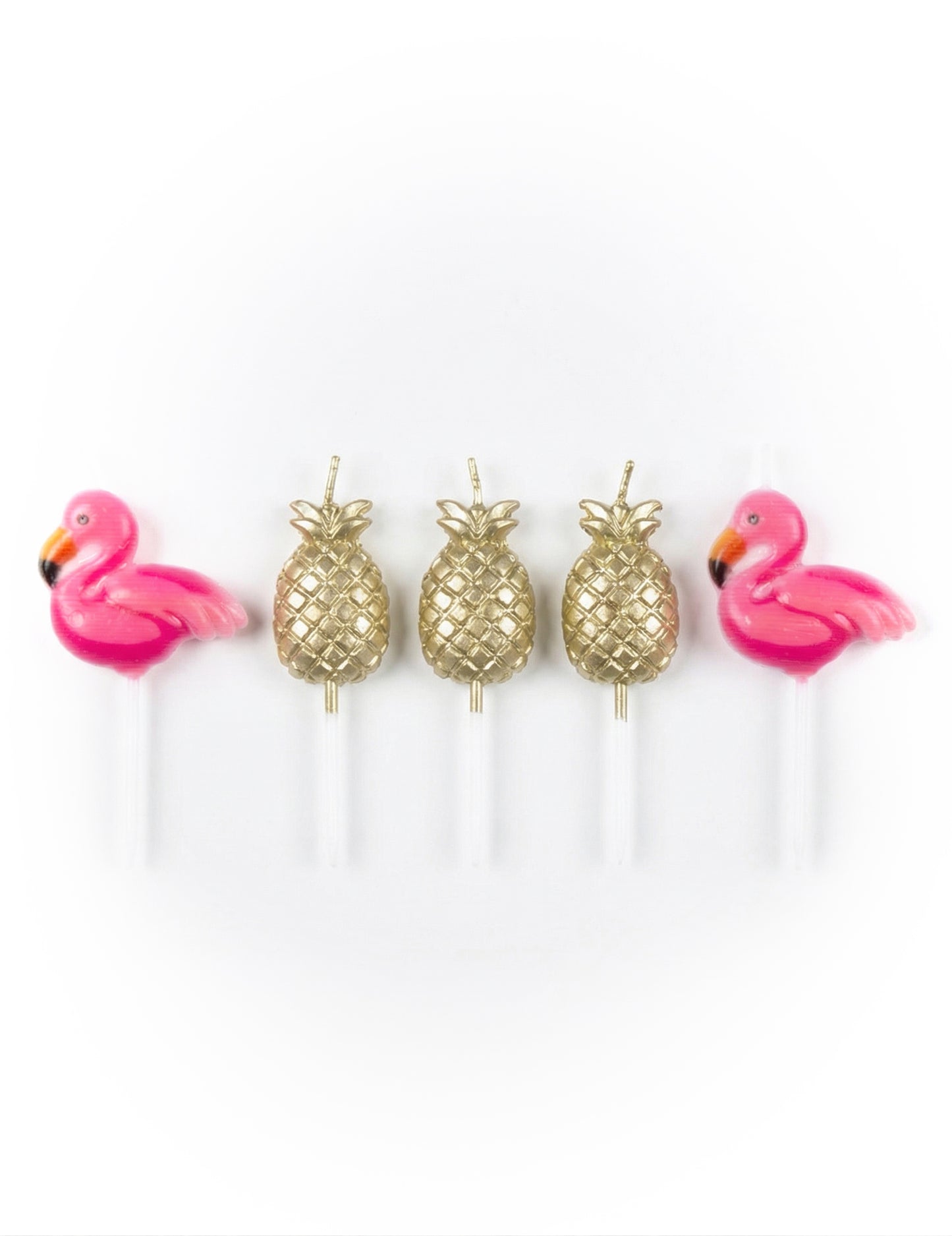 Bougies sur pic flamant rose et ananas pour gâteau rose et doré