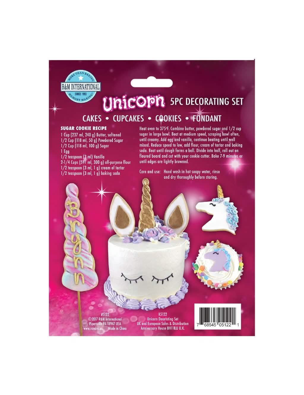 Spatele ambalajului și rețete pentru formele de decupare în formă de unicorni pentru tort