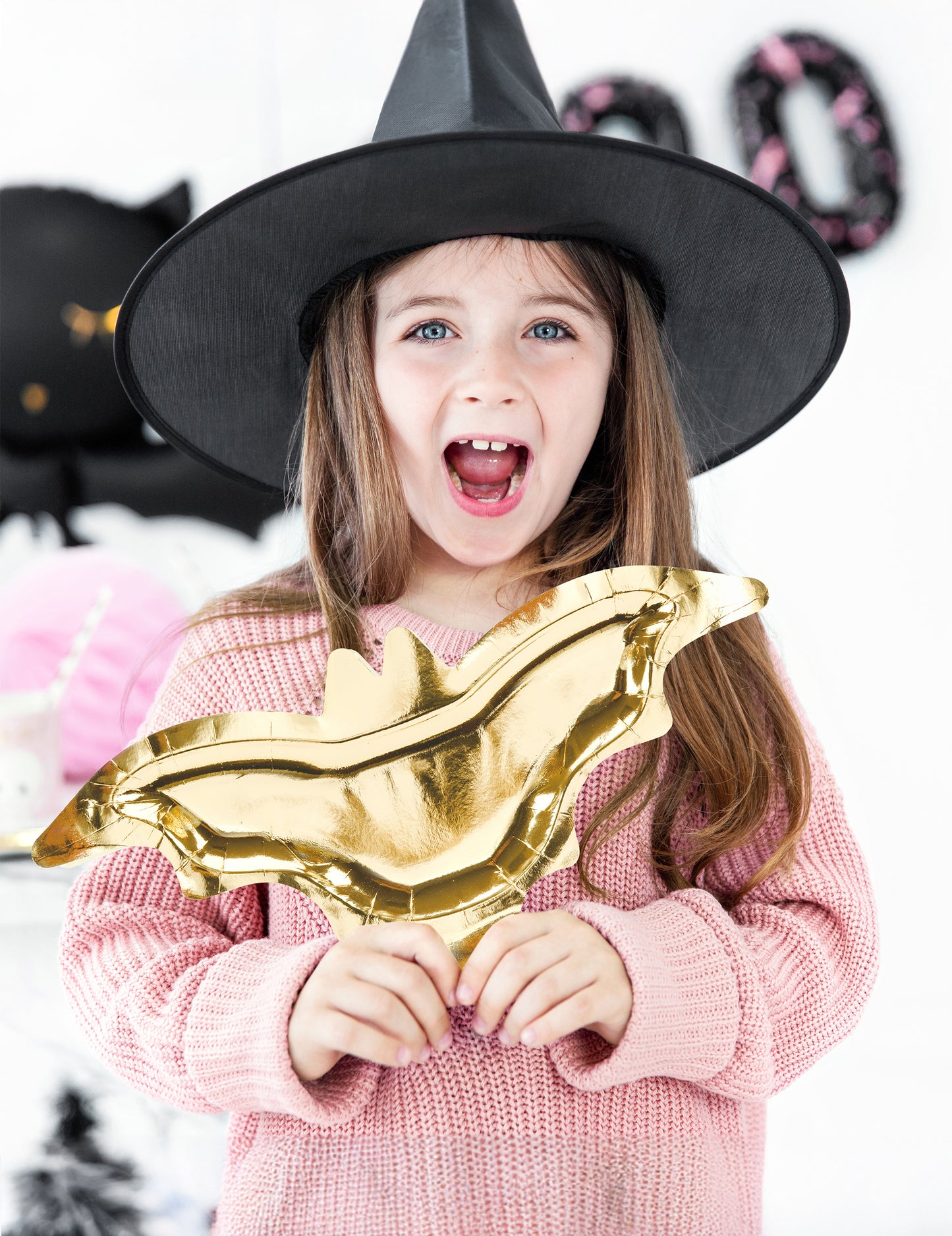 6 farfurii de carton metalice aurii în formă de liliac pentru Halloween