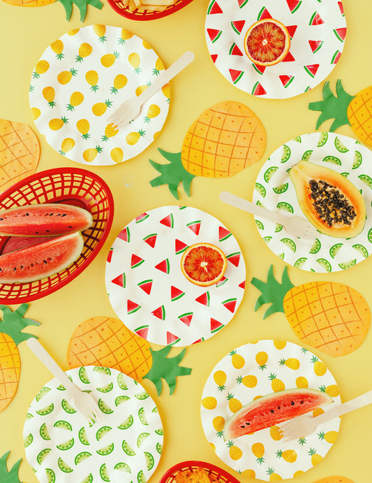 6 Assiettes en carton fruits pastèque, citron, ananas 20,5 cm