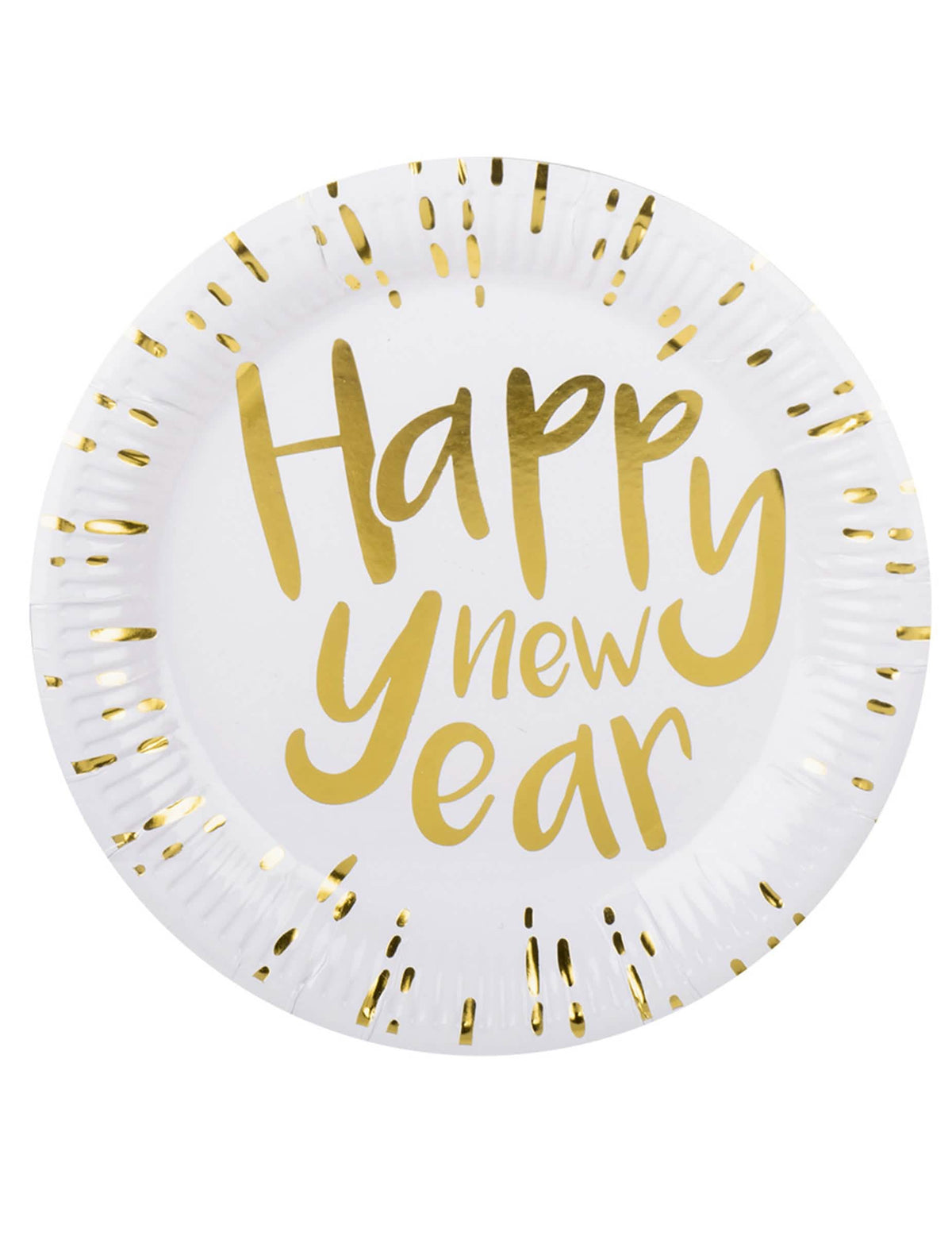 farfurii din carton Happy New Year pentru petrecerea de Revelion, albe și aurii