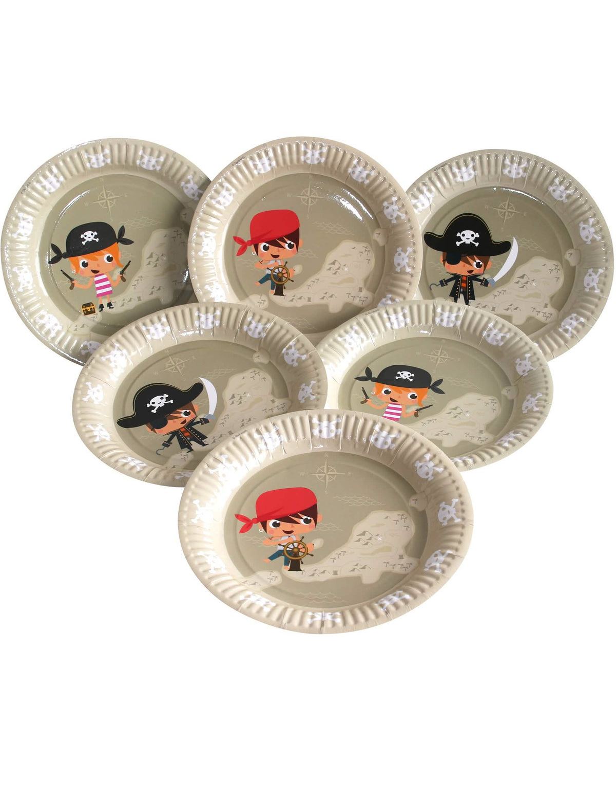 Set de 6 farfurii din carton Pirate pentru copil bej cu motive ilustrate