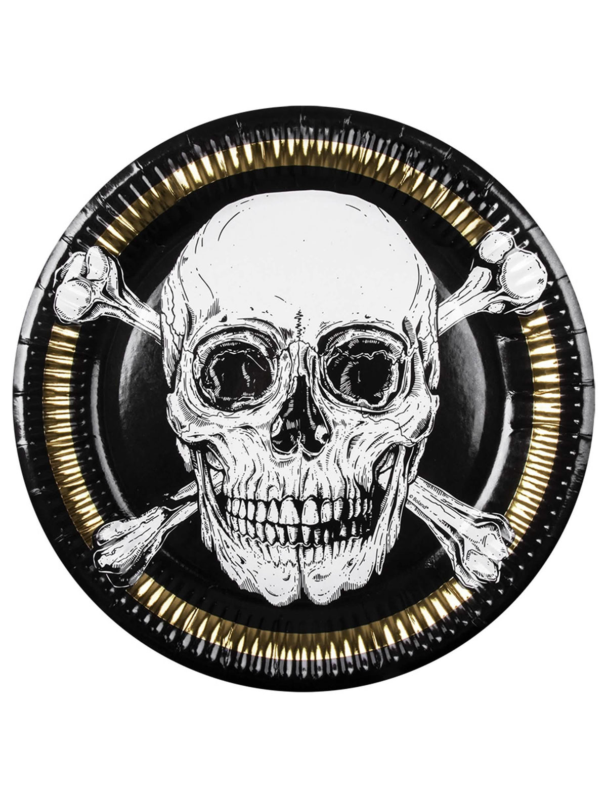 Assiettes en carton Pirate Jolly Roger noir blanc et doré