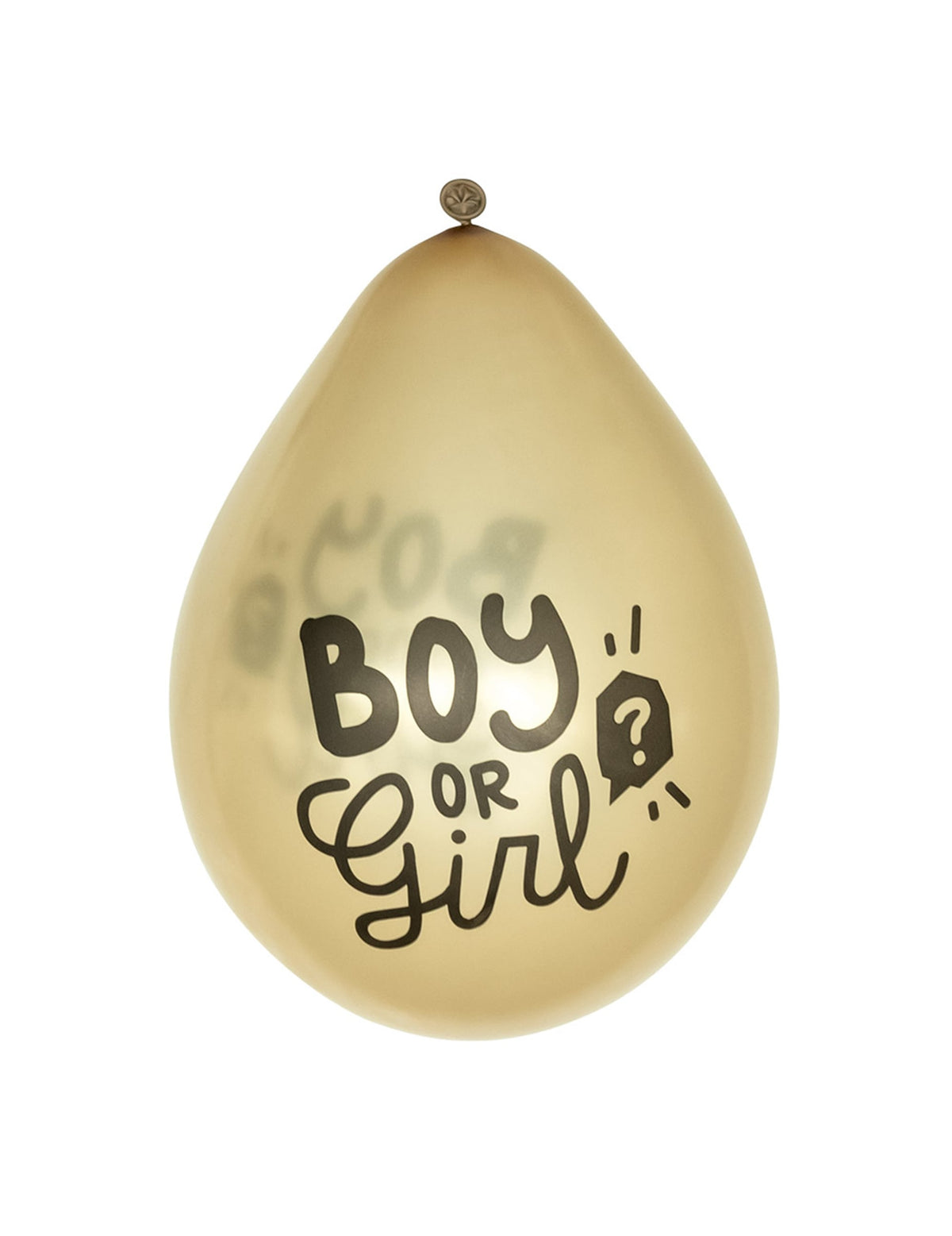 Gros plan sur l'imprimé des ballons en latex Boy or Girl pour gender reveal dorés