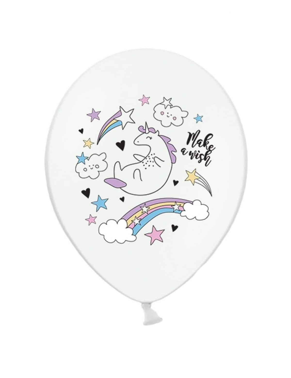 Balon din latex cu unicorni pentru aniversare alb cu motive curcubeu și stele