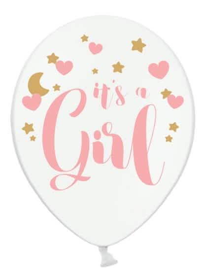 Balon It's a girl pentru baby shower alb cu imprimeu roz și auriu