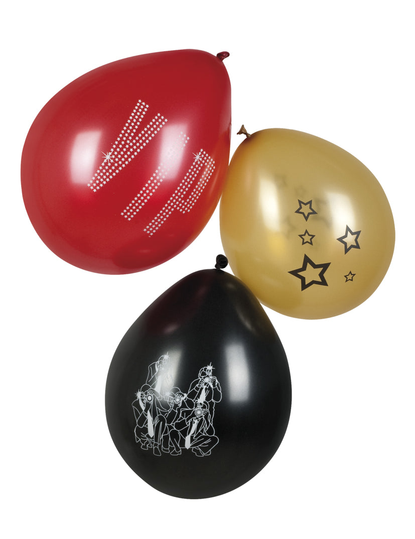 Ballons VIP rouges noirs et dorés avec motifs étoiles et paparazzi