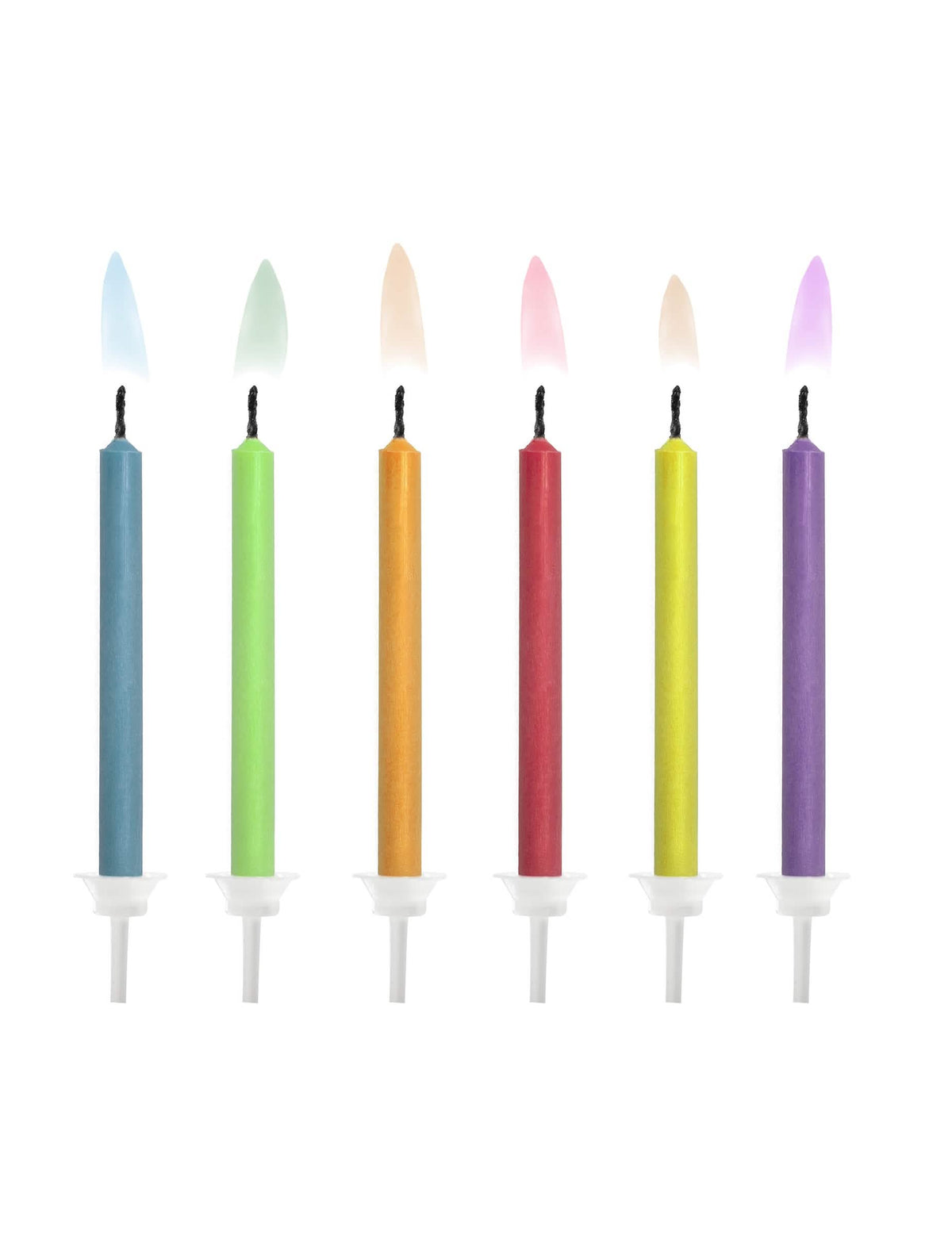 6 bougies d'anniversaire à flamme colorée pour gâteau multicolores avec supports