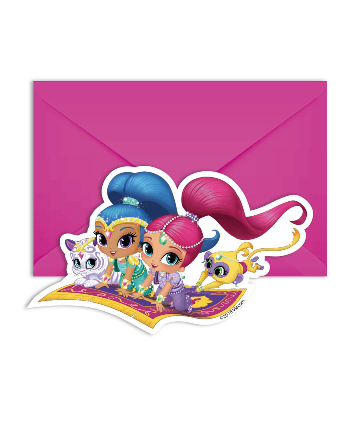 Carduri de invitație și plicuri Shimmer and Shine pentru copil roz cu personaje pe covor zburător