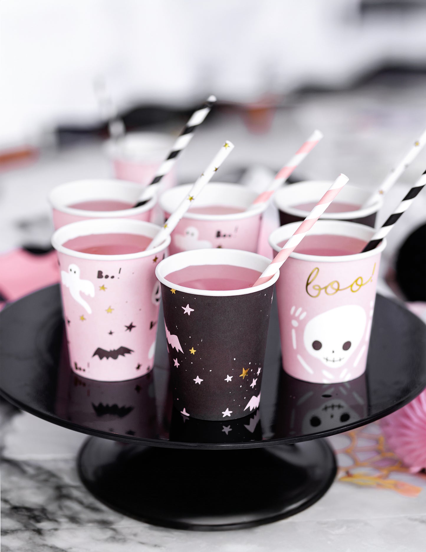 6 pahare drăguțe de carton roz și negre de Halloween, 220 ml