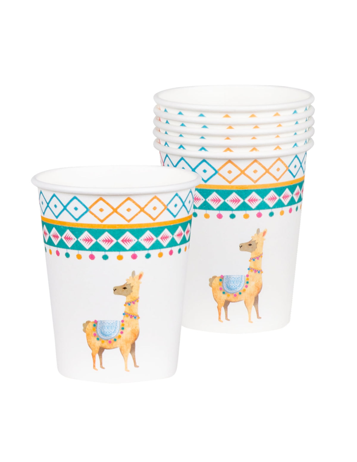 Pahare de carton lama pentru petrecere, albe, cu modele colorate