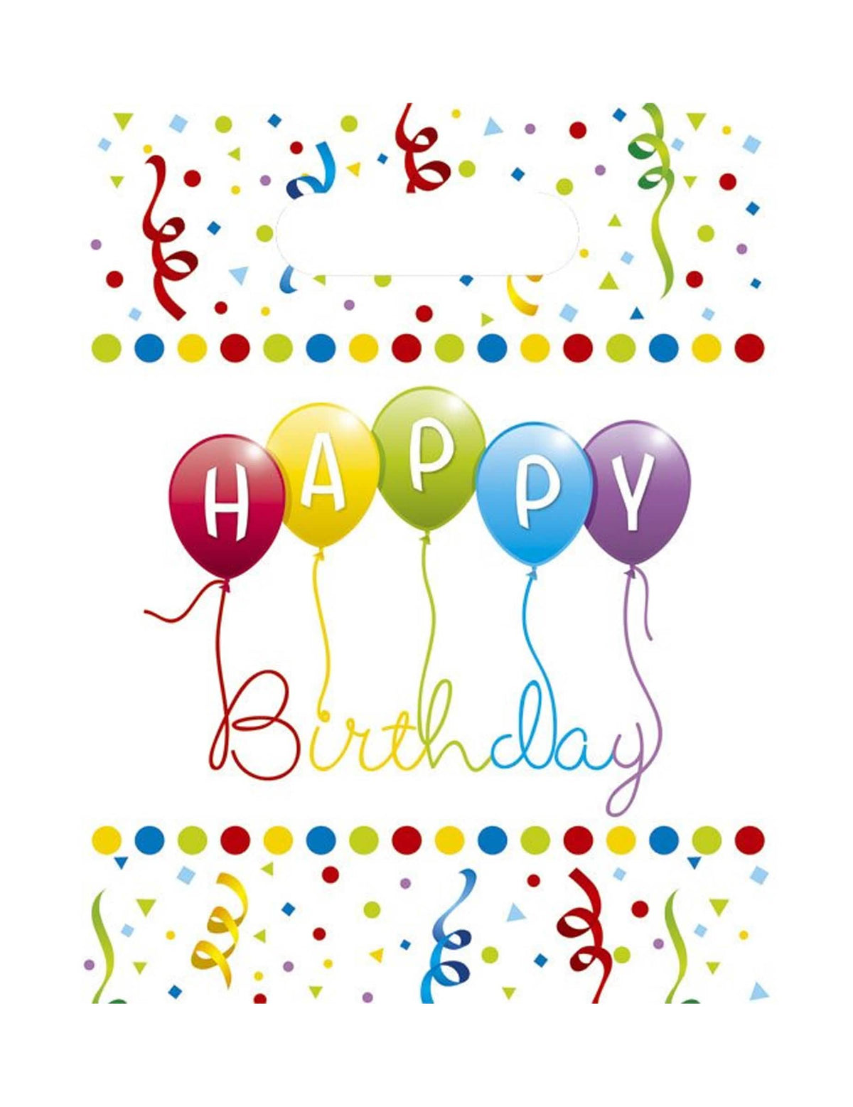 pungi cadou Happy Birthday multicolore din plastic cu baloane și confetti